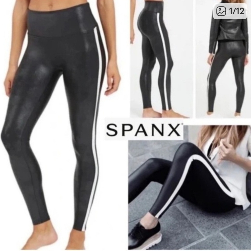 SPANX Shiny Black Leggings with White Side Stripe Size M